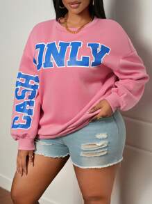 Slaydiva Plus Size Plus Size 'Only Cash' English Print Solid Color Orange Long Sleeve Pullover Sweatshirt For Women, Street Style & Casual, Autumn & Winter - Pink - View 4