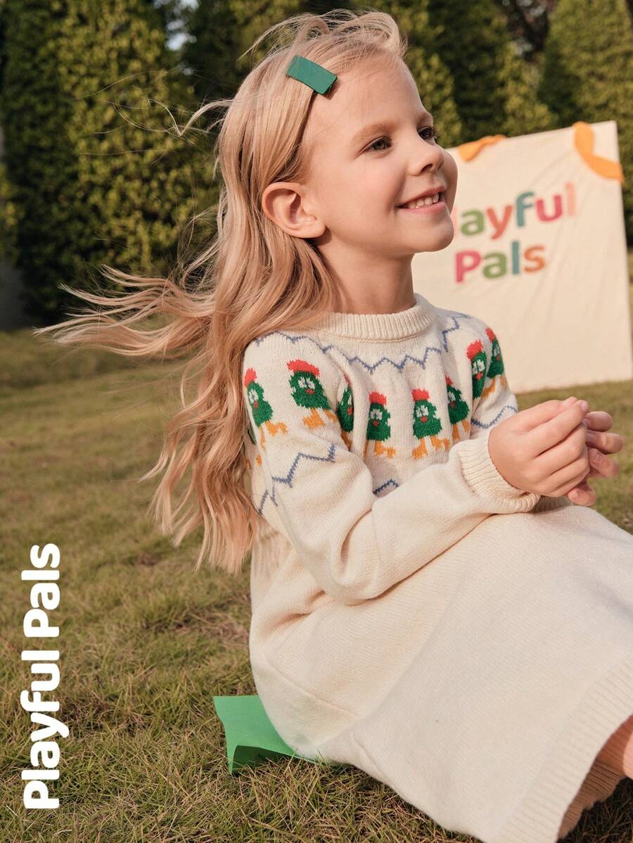 SHEIN 1 Pc Young Girls Sweater Dresses Fun Jacquard Cute/Retro/Casual/Home/Outdoor Winter/Fall Outfits Little Girl Clothes/Young Girl Fall Clothes, For Christmas