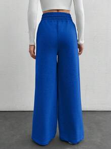 Cottnline Petite Drawstring Waist Wide Leg Pants - Royal Blue - View 2
