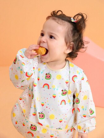 CoComelon X SHEIN Babero/delantal impermeable, a prueba de suciedad y a prueba de aceite de manga larga y multifuncional para pintar/comer para bebés