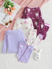 SHEIN Playful Pals 3 件套年轻女孩舒适睡衣，可爱海洋生物全身印花圆领长袖上衣和裤子套装 - 彩色 - 查看 2