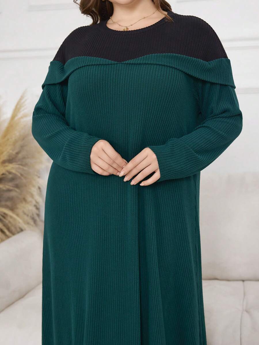 Lacomfia Plus Size Women Colorblock Round Neck Long Sleeve Rib Knit Long Loose Casual Dress Maxi Women Outfit - Multicolor - View 1