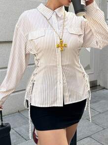 Flirla Plus Size Women Collared Slim Fit Button Down Long Sleeve Striped Cinched Waist Waist Bowknot Decorative Pockets Shirt Blouse, Autumn & Winter - White - View 5