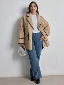 Aveloria Plus Size French Chic Versatile Turndown Collar Contrast Color Shell Embroidery Faux Pocket Jacket 