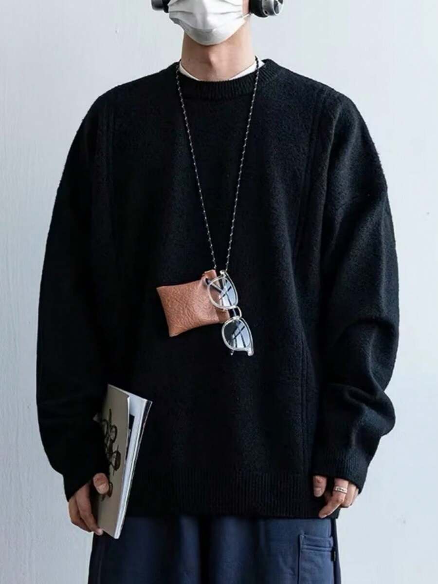 Manfinity CasualKnits Men's Solid Color Crew Neck Long Sleeve Casual Sweater - Black - View 1