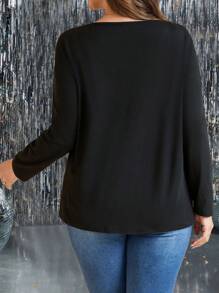 Plus Size Women's V-Neck Dropped Shoulder Foil Print Long Sleeve Fashion T-Shirt For Autumn - Multicolor - View 2