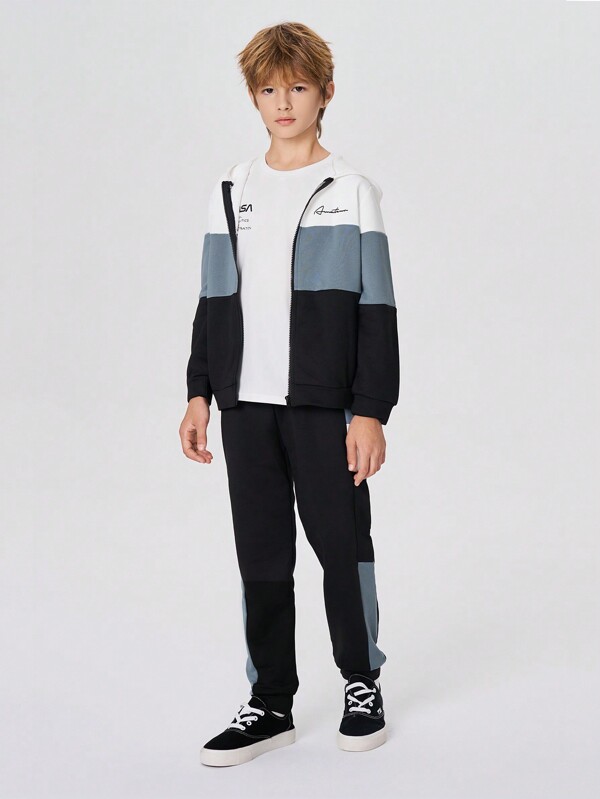SHEIN 2pcs/Set Tween Boys Knitted Contrast Color Loose Hooded Sweatshirt + Knitted Contrast Color Casual Sweatpants, Thermal Lined , Thickened