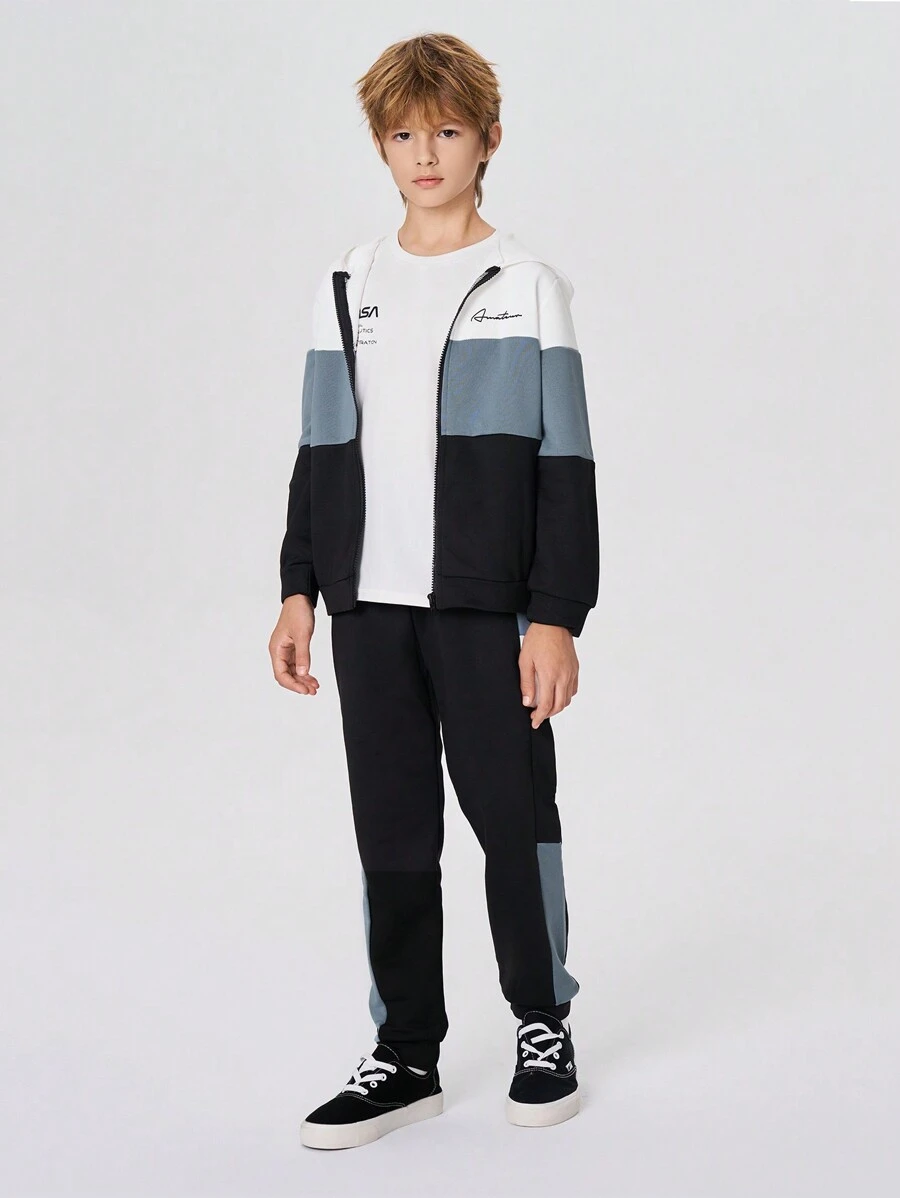 SHEIN 2pcs/Set Tween Boys Knitted Contrast Color Loose Hooded Sweatshirt + Knitted Contrast Color Casual Sweatpants, Thermal Lined , Thickened - Multicolor - View 1