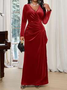 SHEIN Lady Autumn And Winter Elegant Party Navy Blue Knitted Velvet V Neck Wrap Draped Long Long Sleeve Plus Size Dresses