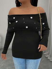 SHEIN Clasi Plus Size Floral Faux Pearls Decor Foldover Off-Shoulder Elegant Long Sleeve Pullover Sweater Knit Pullover Fall Winter - Black - View 6
