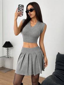 INAWLY 1 set Top sans manches à encolure en V+ Jupe mini plissée, gris clair