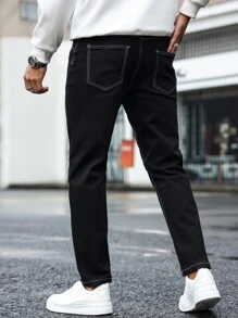 Manfinity Homme 男士口袋紧身休闲百搭牛仔裤，纯色修身深色牛仔裤长款黑色洗水工装牛仔裤，适合丈夫、男朋友的礼物 - 黑色 - 查看 2