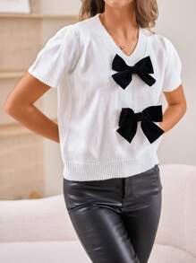 INAWLY Short Sleeve Bow Decor Casual Minimalist V-Neck Knit Pullover - White - View 5