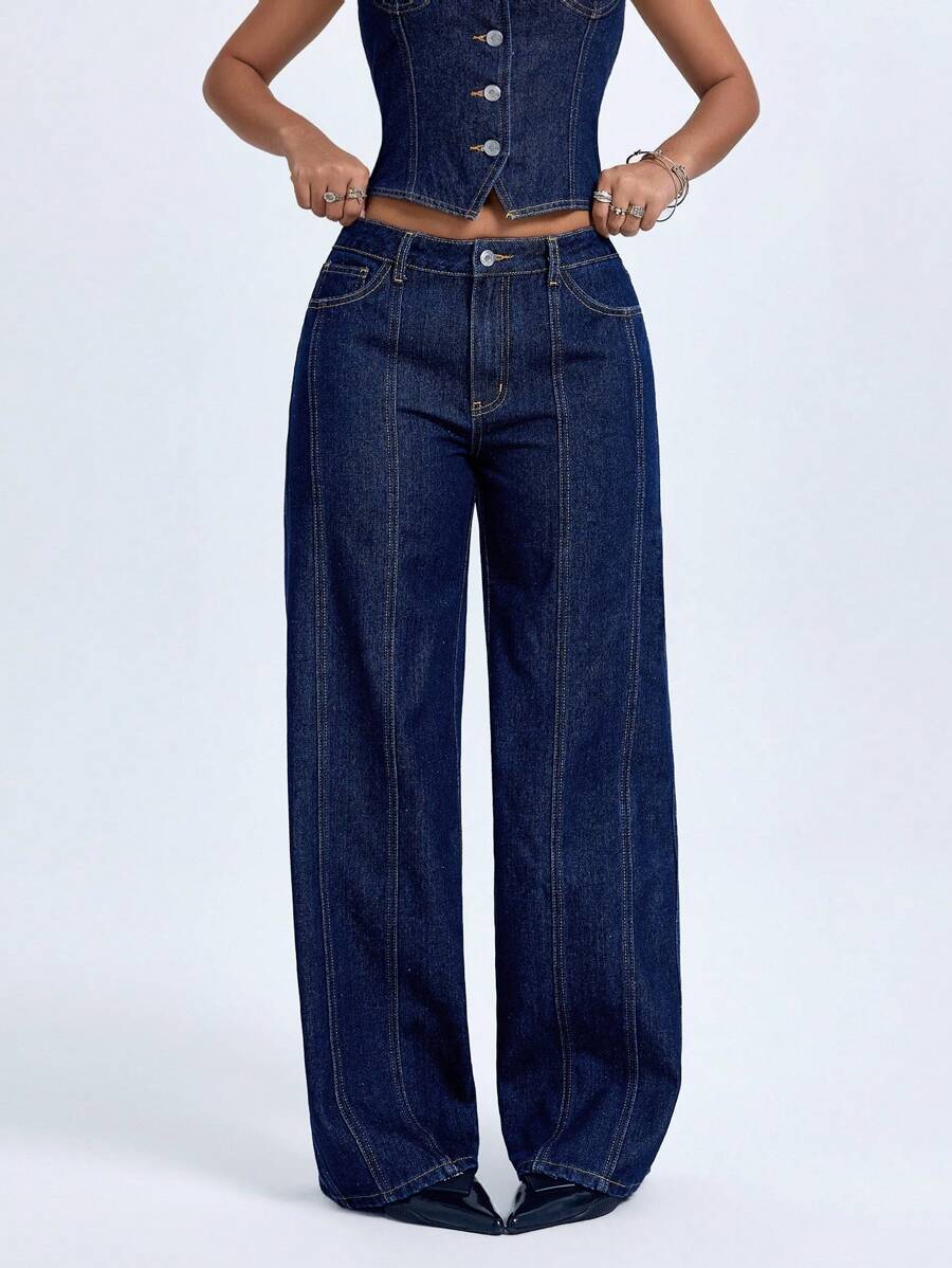 Jeanoix Women Casual Low-Rise Loose Straight Leg Jeans Baggy Jeans Women - Dark Wash - View 1