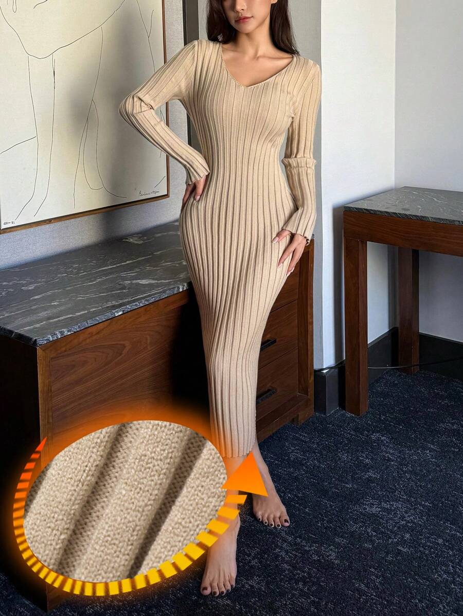 DAZY Vestido de casa ajustado de punto con agujero grande, pijama de otoño e invierno, minimalista