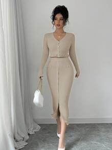 Chiquease 2pcs Women Autumn Simple Elegant Ruffled Hem Sweater And Button Decor Sweater Skirt Set - Khaki - View 7