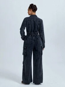 SHEIN ICON Bộ đồ liền thân denim rộng thùng thình thường ngày Jeanoix dành cho nữ, mùa thu - Màu xám đen - Xem 2
