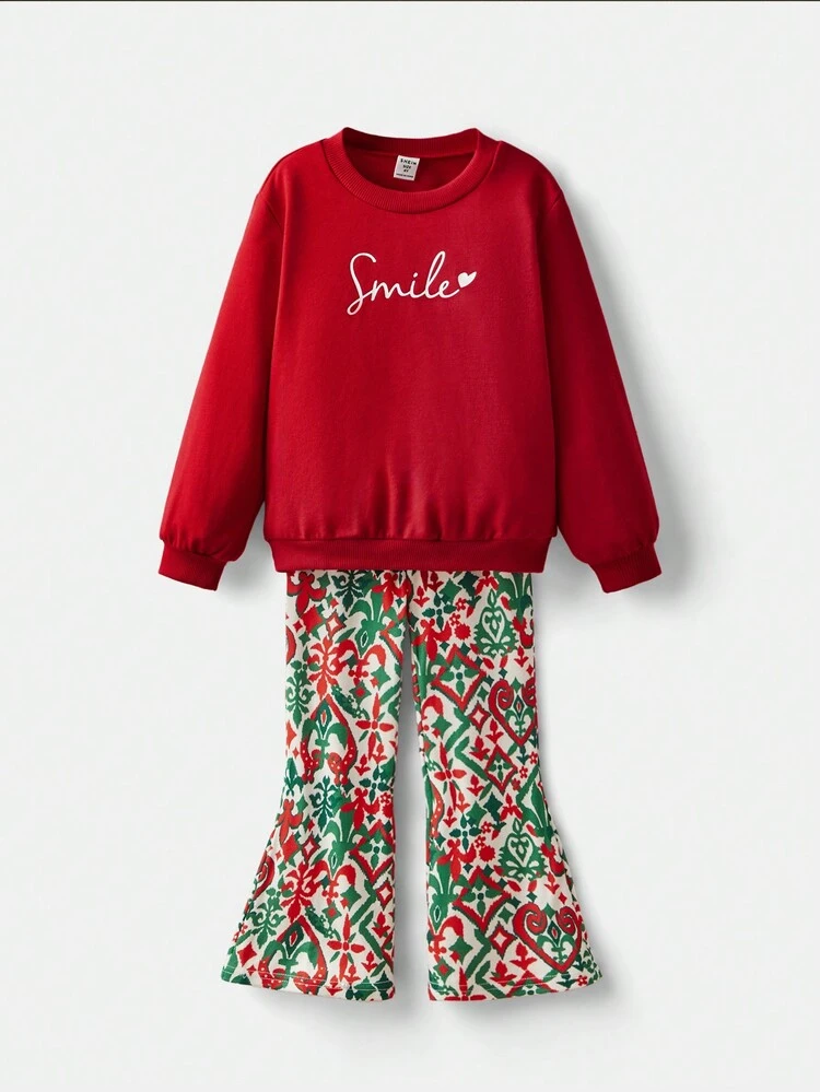 2pcs/Set Young Girl Loose Casual Pattern Round Neck Hoodie And Flared Pants Suit