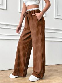 EURMUSE Women's Solid Color Patchwork Front Tie Pocket Simple Casual Pants - Brown - View 4