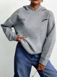 Cottnline Women Letter Print Minimalist Hoodie Sweatshirt - Grey - View 2