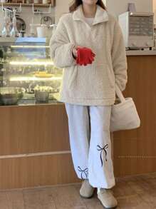 DAZY Áo nỉ dáng rộng, có khóa kéo nửa đầu, lót nhiệt, dành cho nữ mùa thu mới - trắng - Xem 3