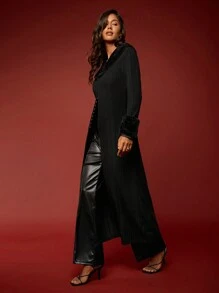 Opulessa Fluffy Patchwork Front Button Long Sleeve Knit Jacket For Winter - Black - View 7