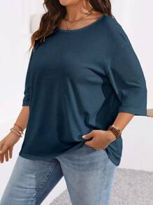 Áo thun cổ tròn màu trơn cỡ lớn thường ngày - Màu xanh hải quân - Xem 5