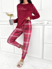 SHEIN Cottnline Women Velvet Injection Slogan Printed Shirt And Plaid Pattern Bottom Homewear Lounge Set - Burgundy - View 5