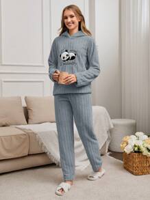 EURMUSE 2-teiliges Pyjama-Set aus Plüsch mit Panda-Stickerei-Detail - Graublau - Übersicht 4