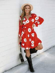 SHEIN LUNE Colorful Flower Prints Midi Dresses,Suitable For Christmas - Multicolor - View 3