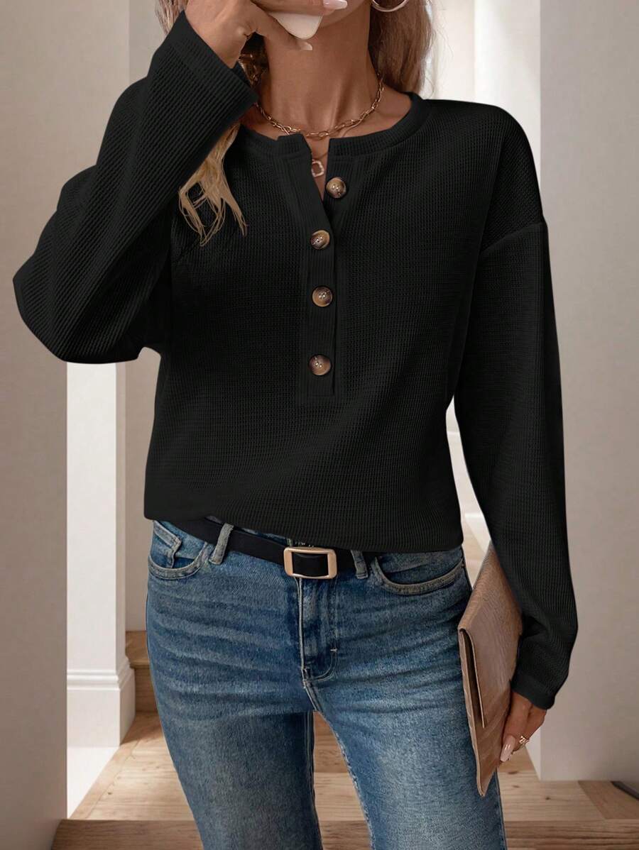 SHEIN LUNE 女式纽扣式华夫格图案长袖 T 恤，白色，秋季 - 黑色 - 查看 1