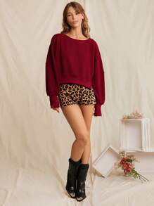 WESTFADE Spring Crewneck Split Hem Exposed Seam Long Sleeve Cropped Thermal Top - Burgundy - View 3