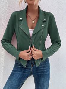 SHEIN LUNE Áo khoác thời trang cổ đứng có khóa kéo cho nữ, Thu/Đông - Màu xanh lá cây đậm - Xem 4