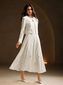 Anewsta Elegant White Sequin Decor 2 Pieces Set: Fitted Long Sleeve Blazer & Long Slip Dress, High-End Look - White - View 1