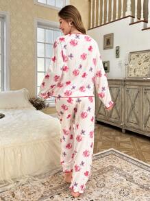 Floral Print Square Neck Bow Decor Women Pajama Set