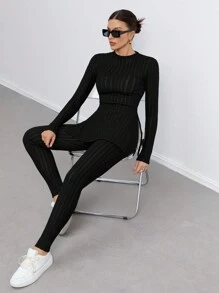 SHEIN Tall Small Turtleneck, Split Hem, Wide Ribbeds, Ribbed High-Elastic Plus Fleece Knitted T-Shirt And Fleece Leggings For Commuting, Simple Office, Retro And Simple - Black - View 3