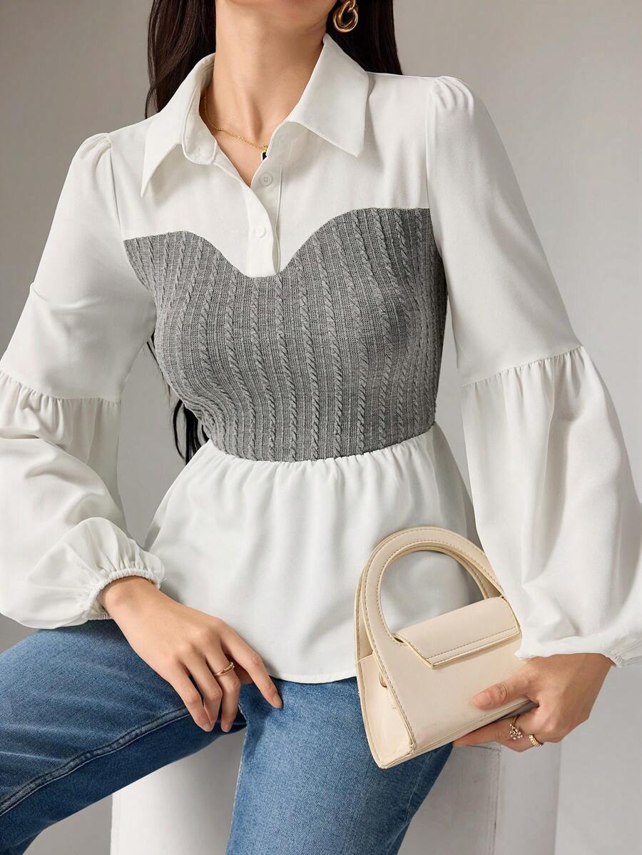 Heiryn Women's Color Blocking Ruffle Hem Long Sleeve Blouse, Autumn - Grey - View 1