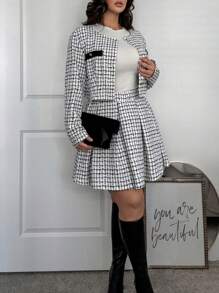 SHEIN Privé 大码女士优雅通勤工作服知性高级下午茶约会音乐会学院风复古黑白格子印花夹克和百褶迷你裙 - 黑與白 - 查看 5