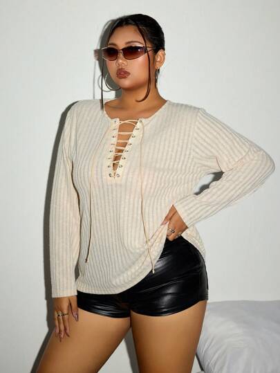 SHEIN ICON Plus Size Women Icon Front Tie Loose Long Sleeve Knitted T-Shirt