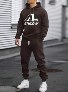 RueChic Men Pocket And Drawstring Letter Printed Regular Hoodie Set