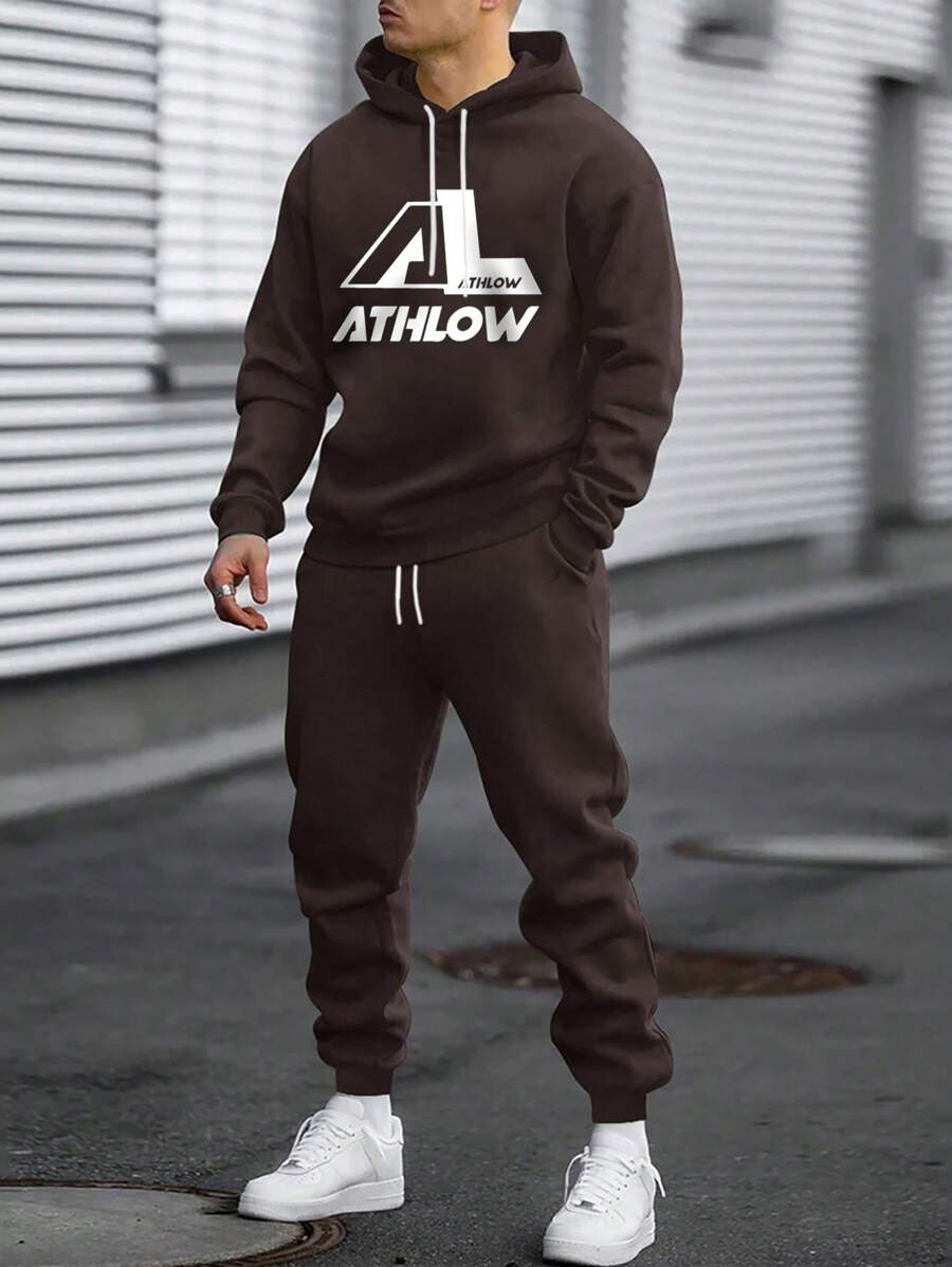 RueChic Men Pocket And Drawstring Letter Printed Regular Hoodie Set