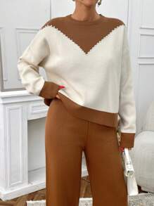 RueChic Woman Contrast Color And Pearls Detailed Regular Fit Winter Sweater Co-Ords Sweater Pants Two Piece