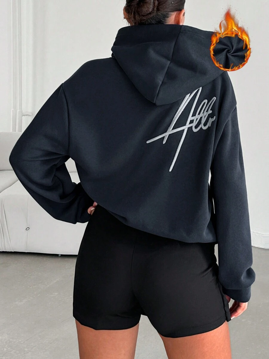 RueChic Áo hoodie lót nhiệt thêu chữ vai trễ 95% cotton - Màu xanh hải quân - Xem 1