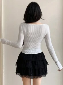 DAZY 女士蕾丝拼接蝴蝶结装饰长袖 T 恤 - 白色 - 查看 4