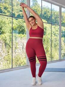 Easithlete Damen Große Größen Set aus einfarbigem Trägertop und gestreifter Leggings mit hoher Taille, nahtloser Trainingsanzug für den täglichen Workout im Fitnessstudio - Verschiedenfarbig - Übersicht 1