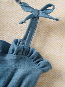 Souflis Souflis 嬰兒女孩牛仔印花吊帶休閒連衣裙，配帶子，蝴蝶結和柔軟材料 - 淺藍色 - 查看 5