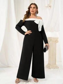 SHEIN Belle Bộ đồ liền thân ống rộng tối giản màu đen trắng thiết kế trễ vai thanh lịch cỡ lớn tay dài cạp cao - màu đen - Xem 8