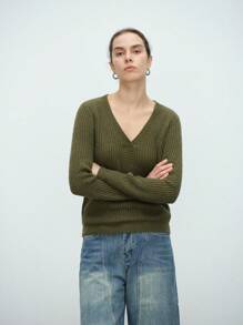 SHEIN LUNE Women V-Neck Ribbed Knitted Sweater, Casual Daily Wear, Autumn/Winter Fall - Army Green - View 4
