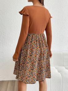 SHEIN 孕妇休闲花卉拼布长袖连衣裙，秋季 - 駝色 - 查看 2