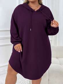 SHEIN CURVE+ Women Plus Size Casual Sports Loose Fit Hooded Sweatshirt Dress With Arched Hem, Autumn/Winter Fall
